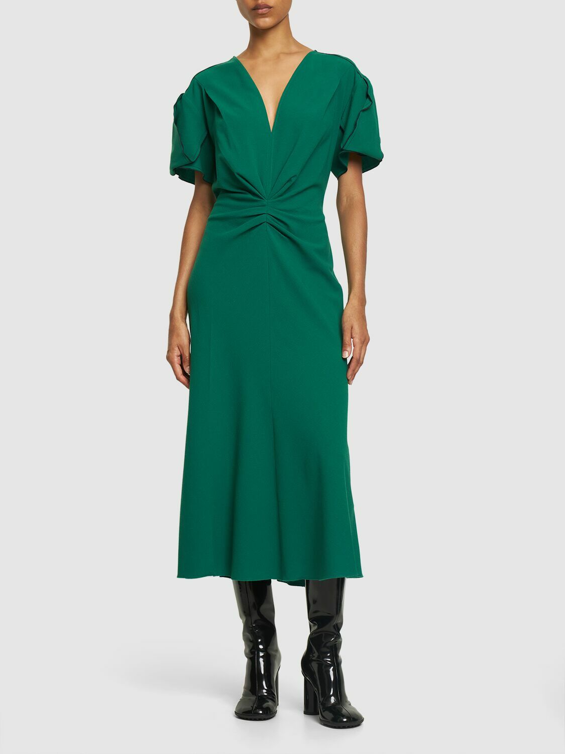 VICTORIA BECKHAM - Gathered Wool V-neck Midi Dress Victoria Beckham