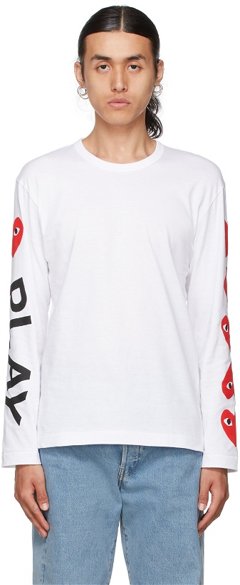 Photo: COMME des GARÇONS PLAY White Multi Hearts Big Logo Long Sleeve T-Shirt