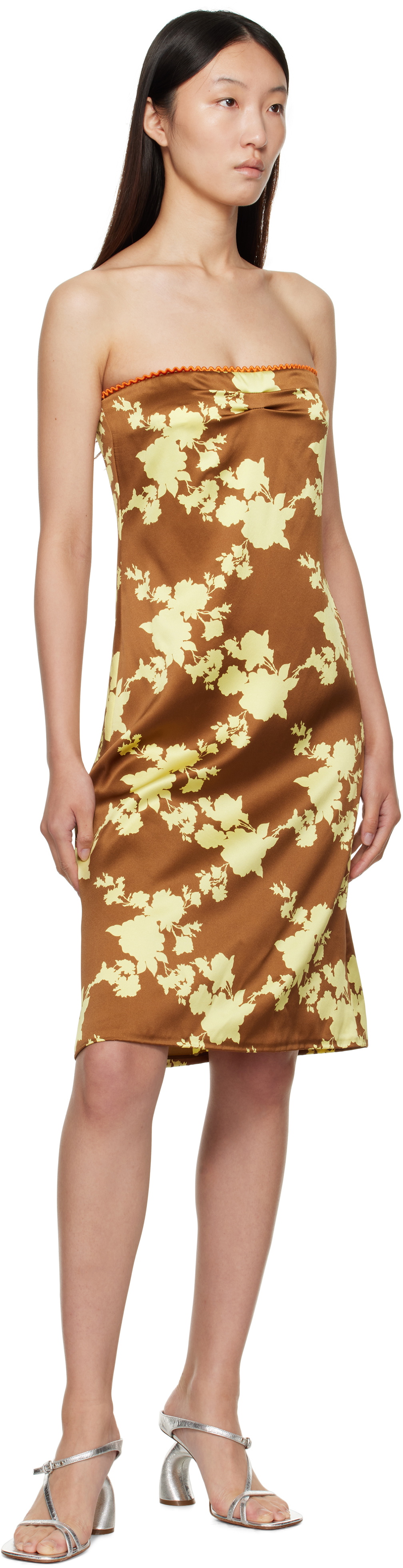 Versace Brown & Yellow Wild Roses Strapless Midi Dress