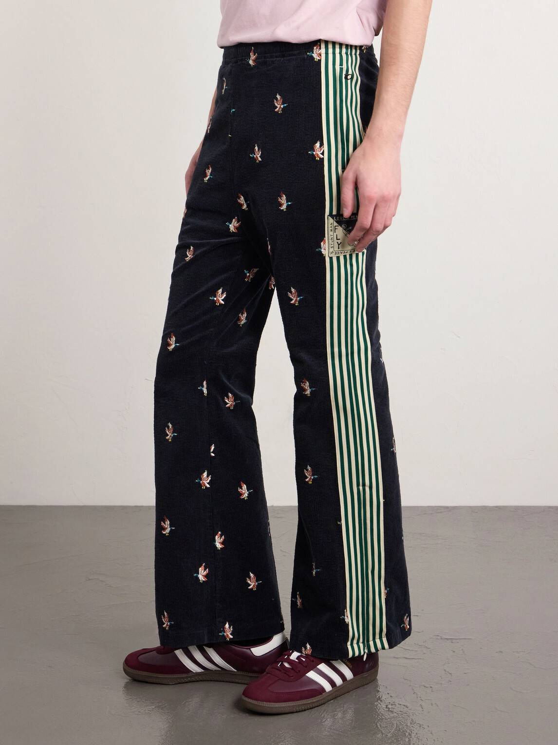 KAPITAL - Cropped Flared Webbing-Trimmed Embroidered Cotton-Blend Corduroy Sweatpants - Black