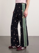 KAPITAL - Cropped Flared Webbing-Trimmed Embroidered Cotton-Blend Corduroy Sweatpants - Black