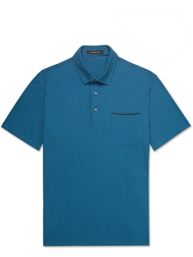 Photo: ERMENEGILDO ZEGNA - Suede-Trimmed Cotton-Piqué Polo Shirt - Blue