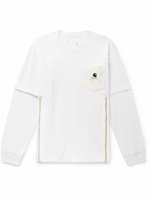 Photo: Sacai - Carhartt WIP Layered Logo-Appliquéd Canvas-Trimmed Cotton-Jersey T-Shirt - White