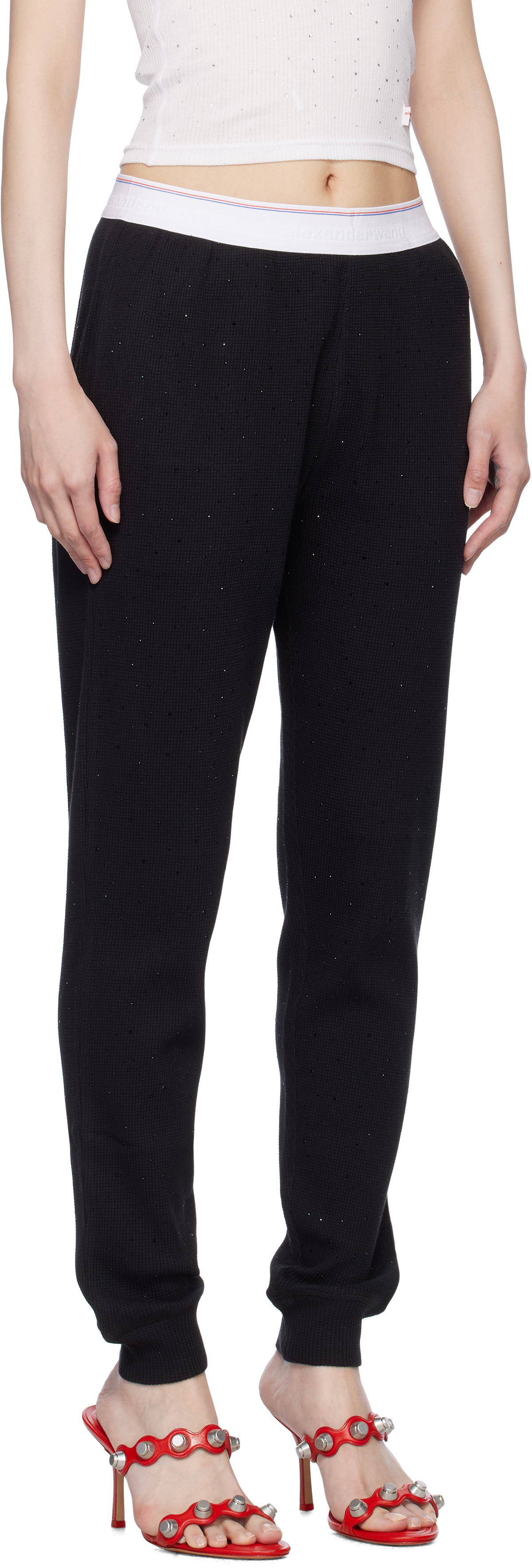 Alexander Wang Black Crystal Hotfix Jogger Waffle Lounge Pants