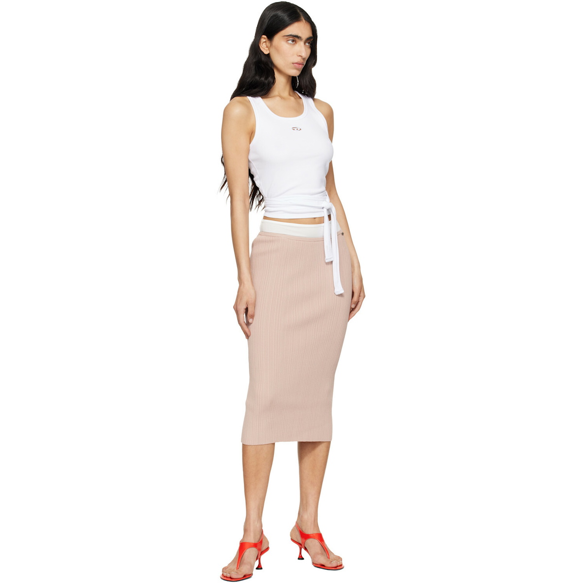 Diesel Pink Ribbed Knit Contrast Waistband Midi Skirt