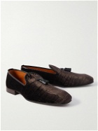 TOM FORD - Bailey Tasselled Leather-Trimmed Croc-Effect Velvet Loafers - Brown