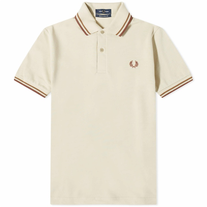 Photo: Fred Perry Men's Twin Tipped Polo Shirt - Made in England in Oatmeal/Dark Caramel/Whisky Brown