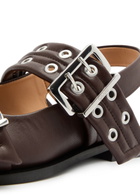 Ganni Buckle Ballerina Faux Leather Slingback Flats Brown