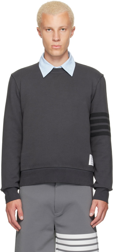 Photo: Thom Browne Gray Long Sleeve Tonal Printed 4 Bar Crewneck