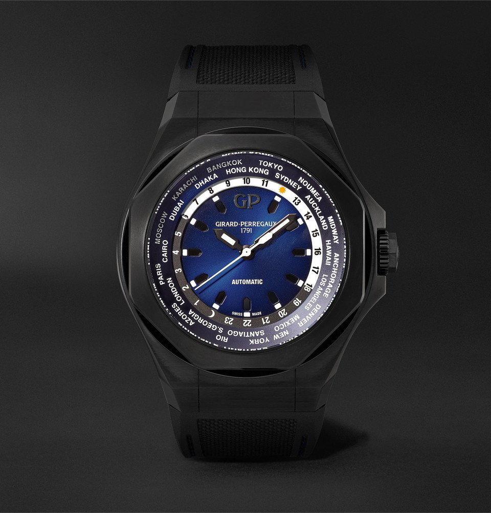 Photo: Girard-Perregaux - Laureato Absolute WW.TC Automatic 44mm PVD-Coated Titanium and Rubber Watch - Blue