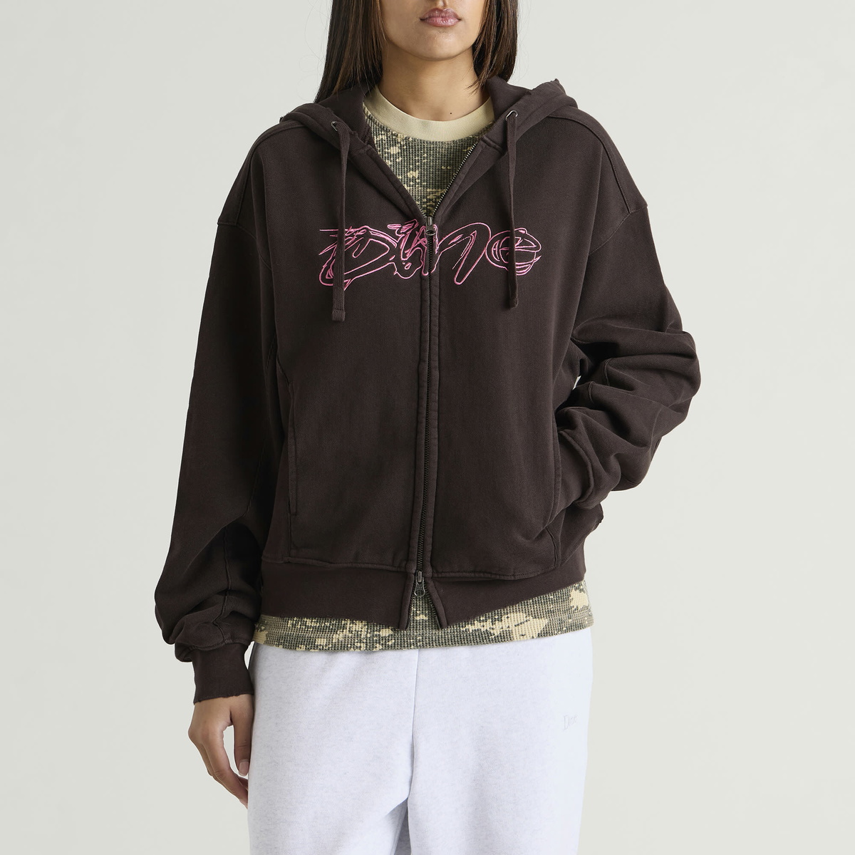 Dime Women's Distressed Terry Zip Hoodie in Brown