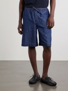 LOEWE - Wide-Leg Anagram-Detailed Cotton-Chambray Drawstring Shorts - Blue