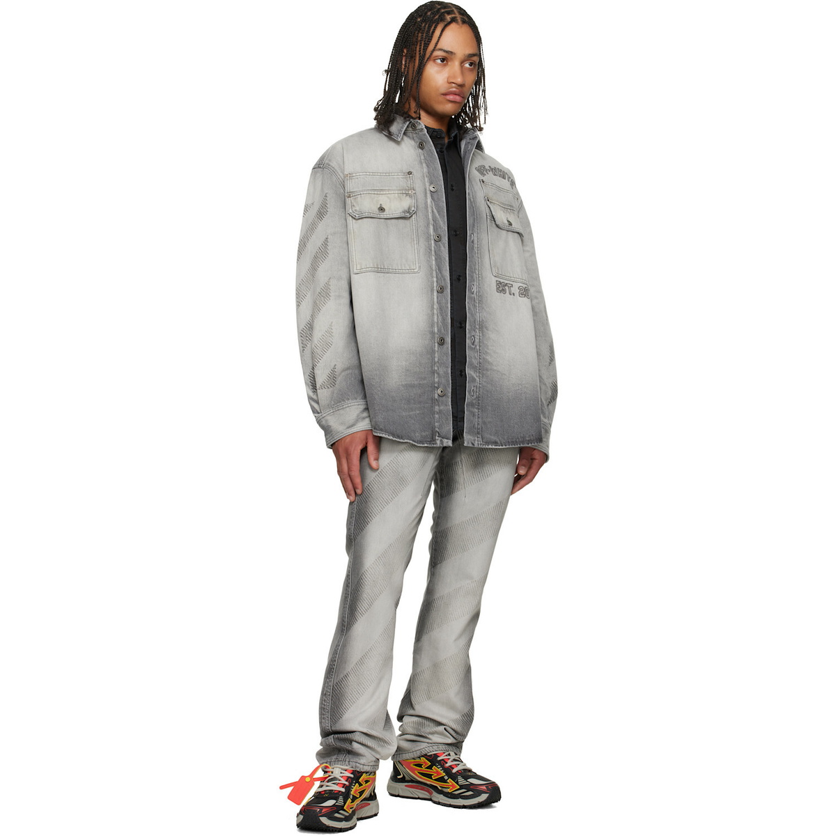 Off-White Gray Diagonal Embroidered Denim Military Overshirt
