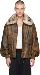 VAQUERA Brown Distressed Faux-Fur & Leather Jacket