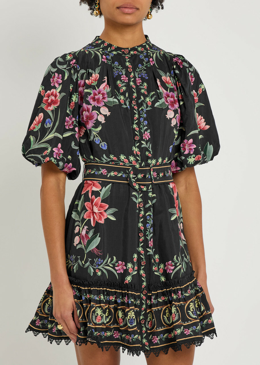 Farm Rio Belle Garden Floral-print Cotton-blend Mini Dress Black