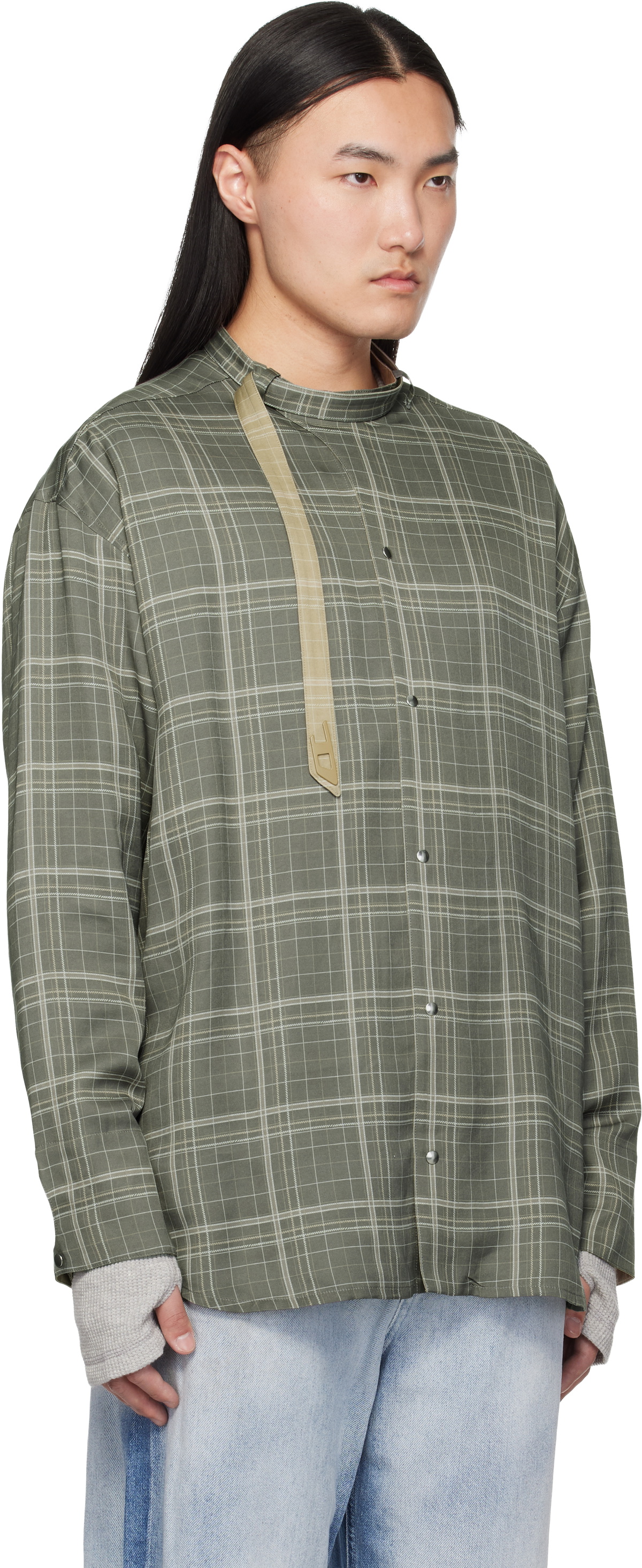 Diesel Gray Check-Satin Biker Details Shirt