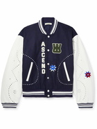 Wales Bonner - Appliquéd Studded Wool-Blend and Leather Varsity Jacket - Blue