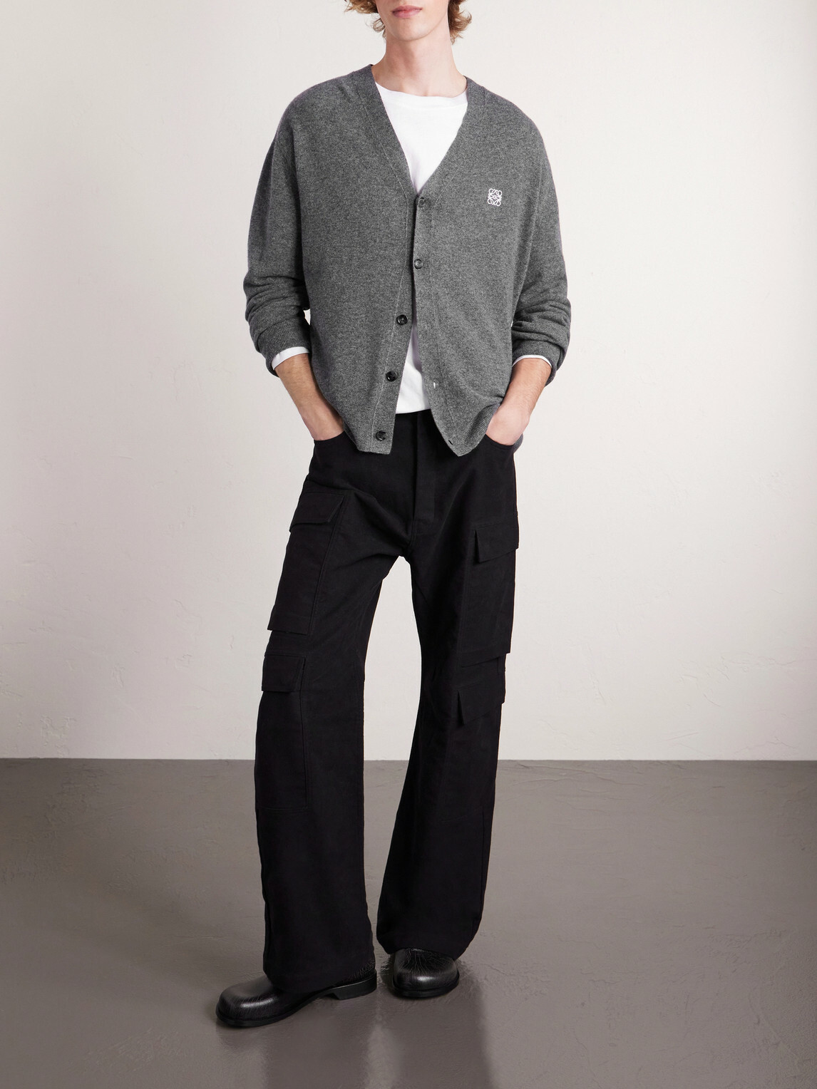 LOEWE - Logo-Embroidered Wool-Blend Cardigan - Gray