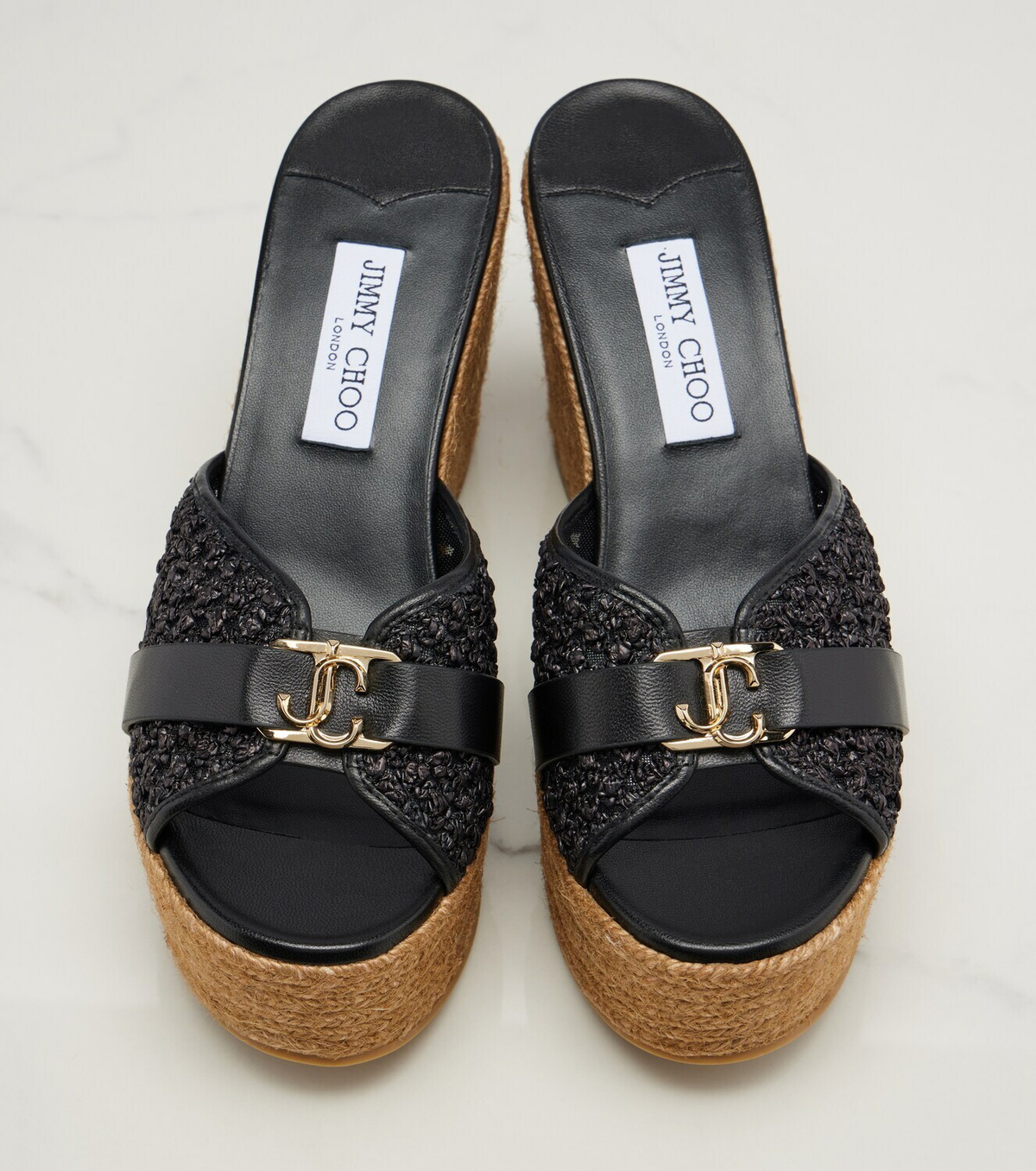 Jimmy Choo Leda leather-trimmed raffia wedge mules