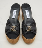 Jimmy Choo Leda leather-trimmed raffia wedge mules