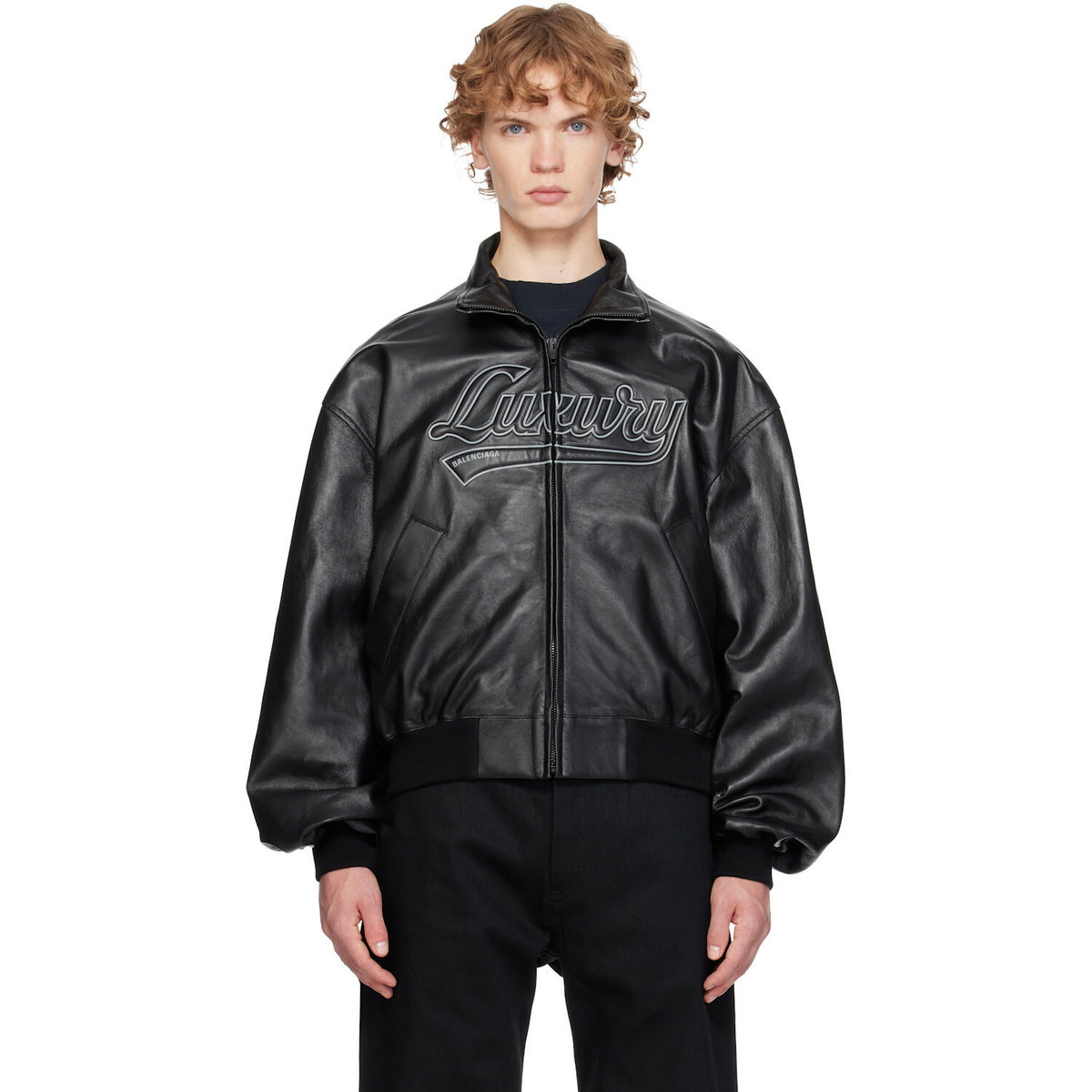 Balenciaga Black Smooth Semi Grainy Leather Bomber Jacket