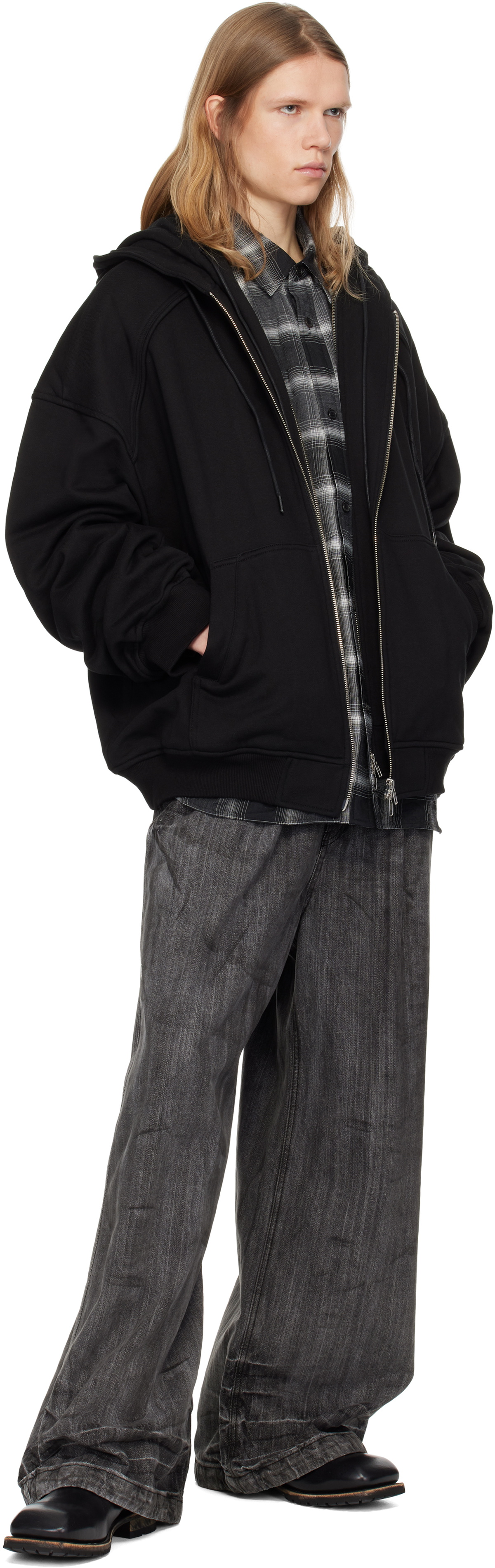 トップス juun.j zip hoodie Juun.J Black Double Layered Zip-Up Hoodie Juun.J