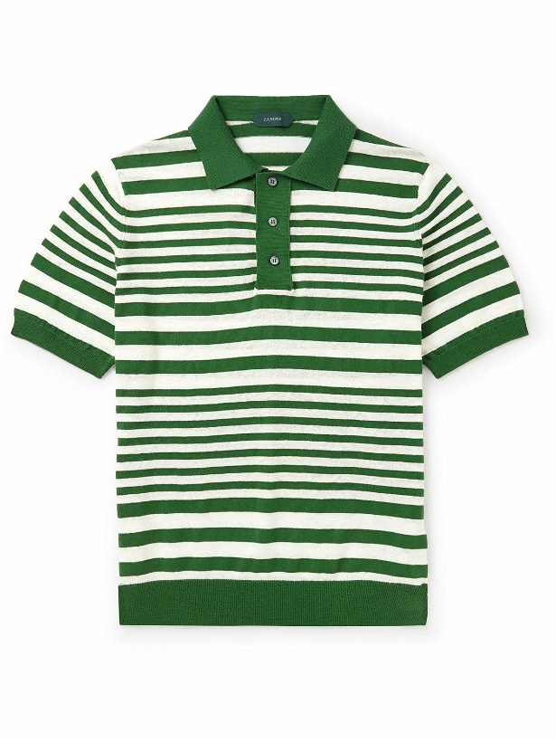 Photo: Incotex - Zanone Striped Cotton and Linen-Blend Polo Shirt - Green
