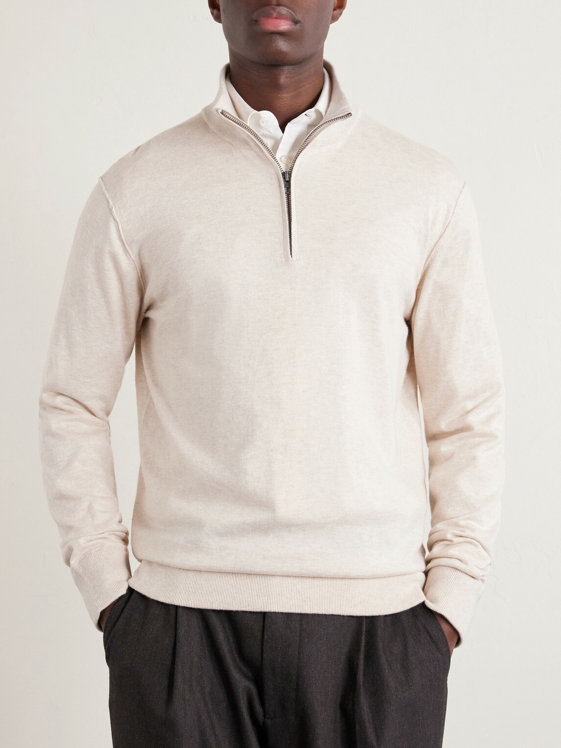 Hartford - Cotton and Cashmere-Blend Half-Zip Sweater - Neutrals