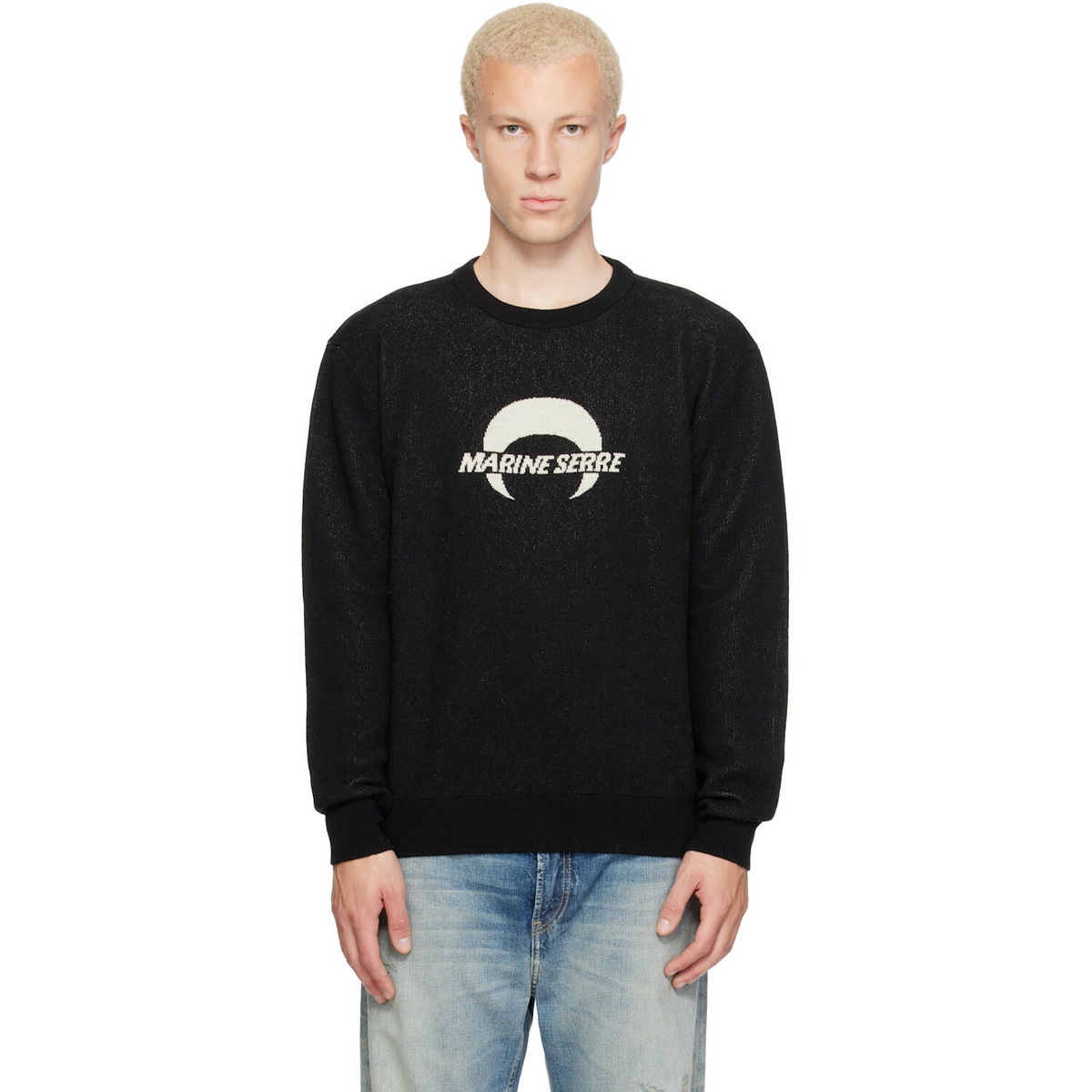 Marine Serre Black Merino Wool Knit LS Sweater