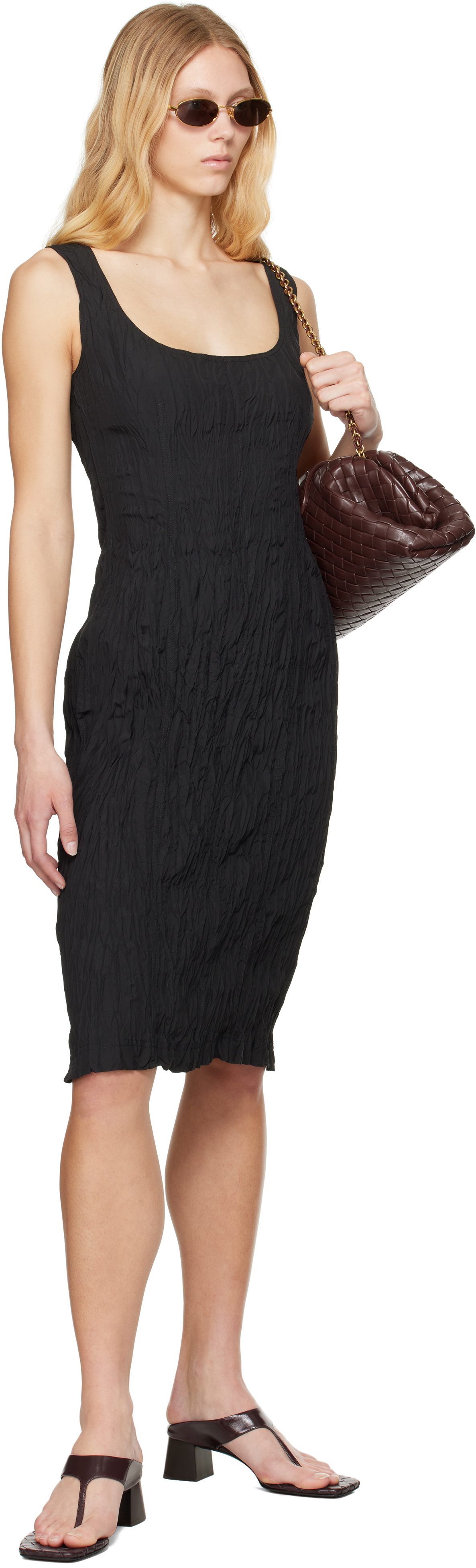 Bottega Veneta Black Crinkled Midi Dress