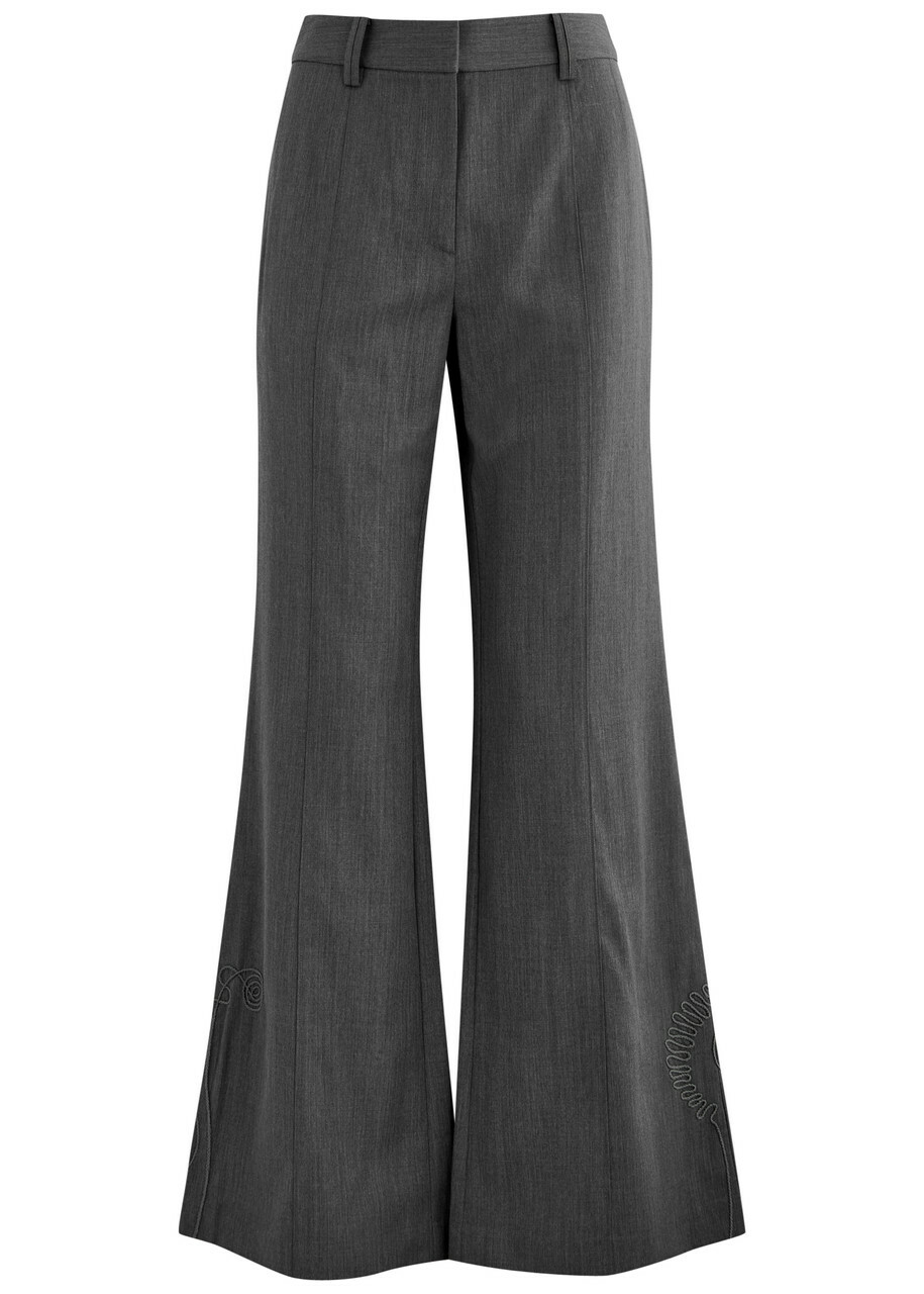 Clea Hunter Embroidered Flared-leg Wool Trousers Grey