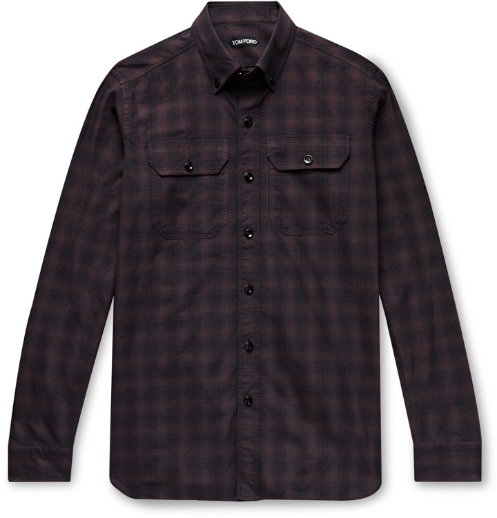 Photo: TOM FORD - Button-Down Collar Checked Cotton-Poplin Shirt - Brown