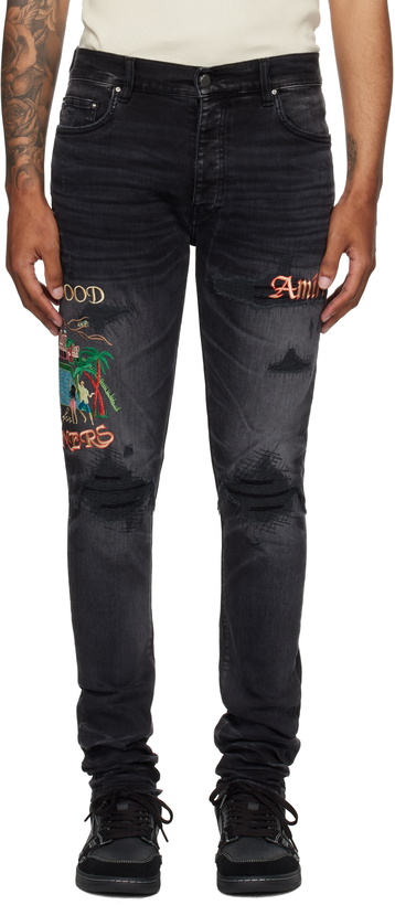 Photo: AMIRI Black Embroidered 'Sinners' Skinny Jeans