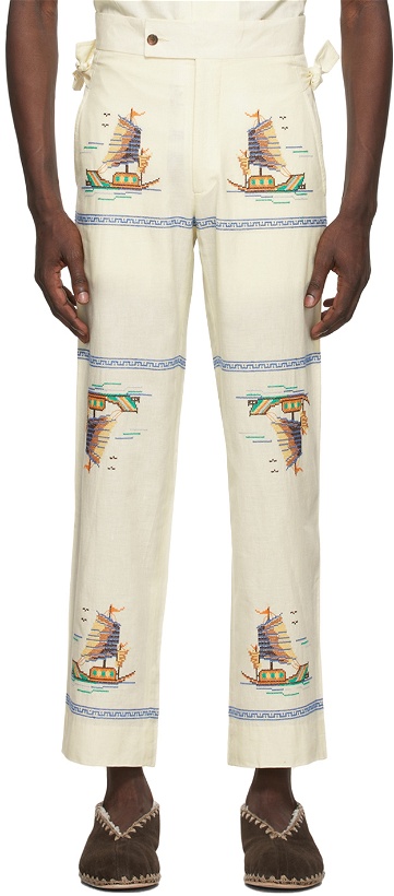Photo: Bode SSENSE Exclusive Off-White Limited Edition Sailboat Side-Tie Trousers