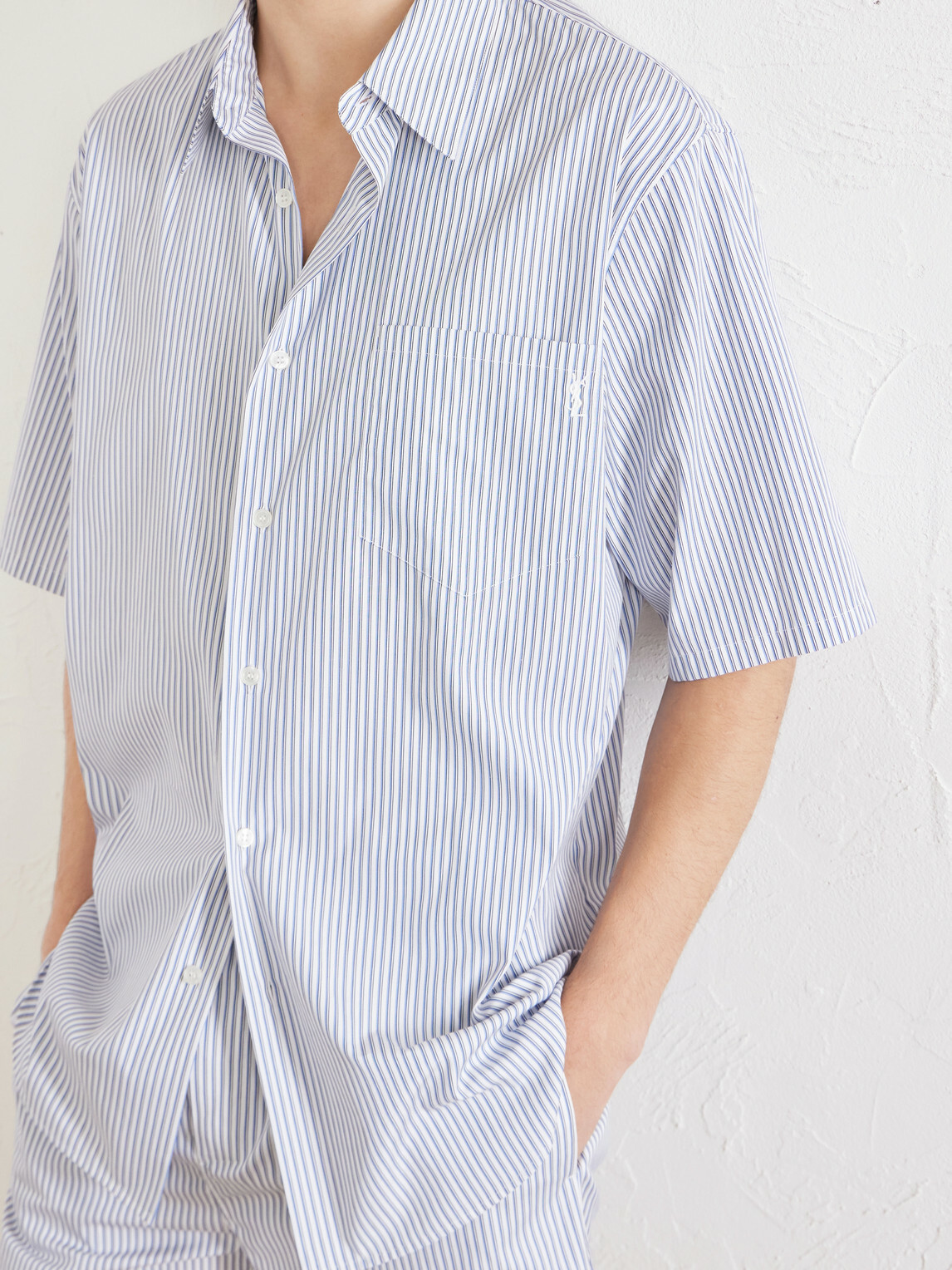 SAINT LAURENT - Logo-Embroidered Striped Cotton-Poplin Shirt - Blue