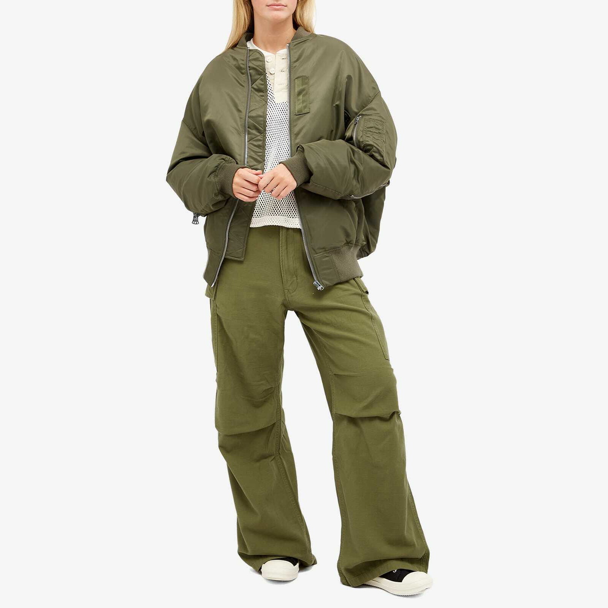R13 Women's Zip Out Down Bomber Jacket in Olive R13