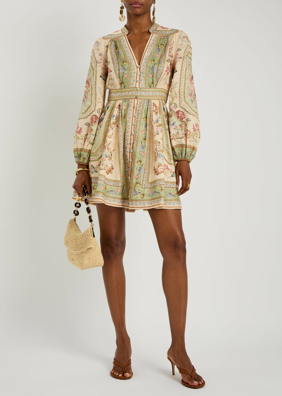 Zimmermann Roselight Printed Linen Mini Dress Sage