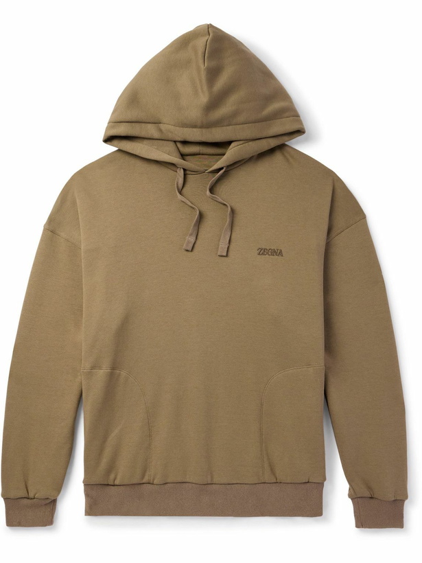 Photo: Zegna - Logo-Embroidered Cotton-Blend Jersey Hoodie - Neutrals