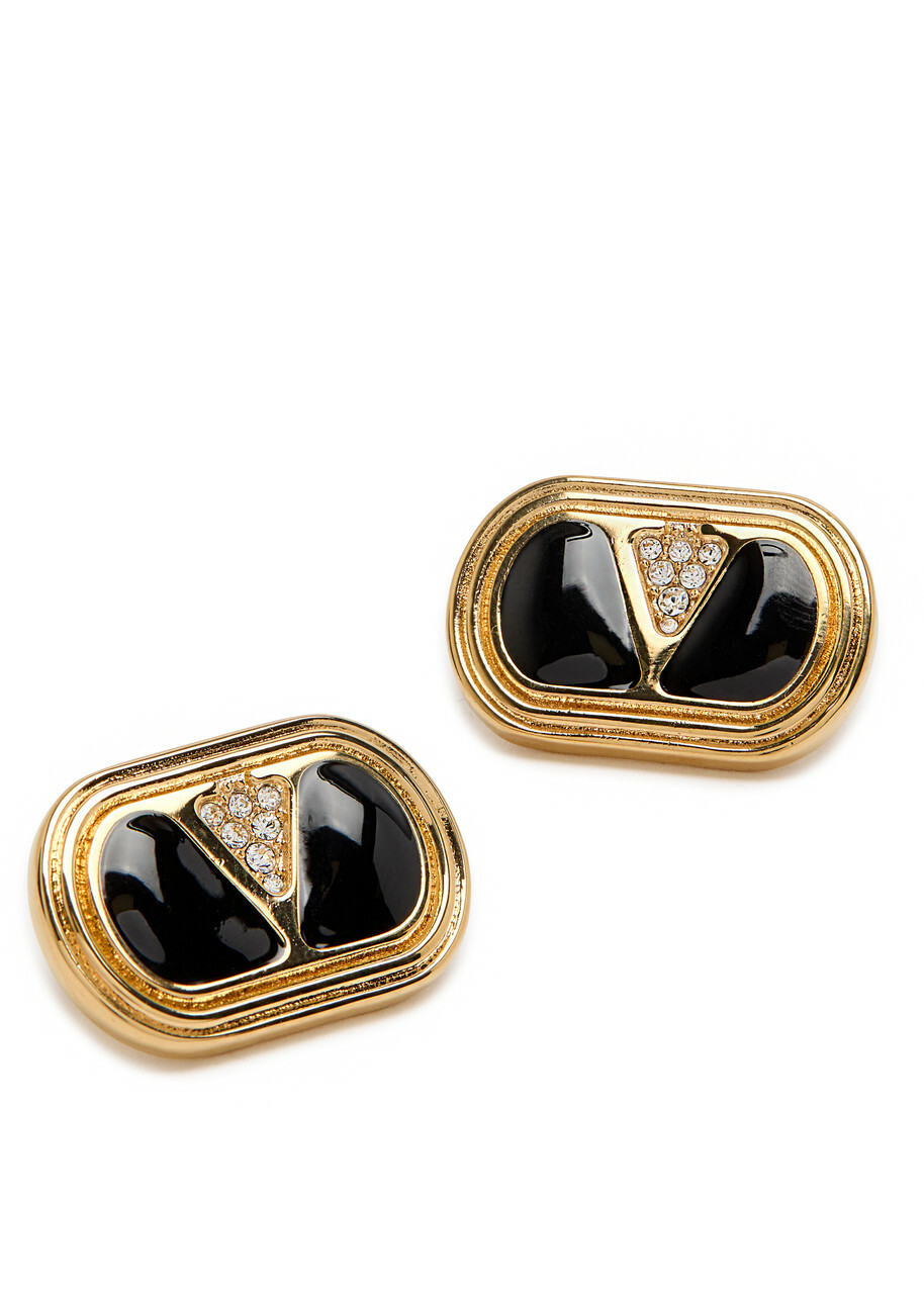 Valentino Ovalette Vlogo Enamelled Stud Earrings - Black - One Size