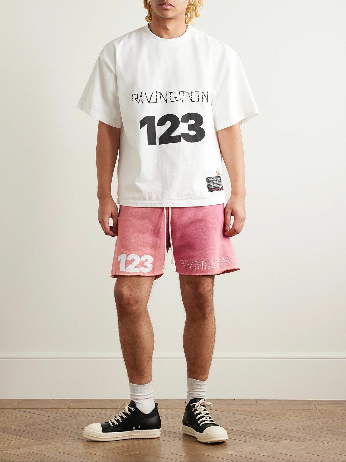 RRR123 - Gymbag Frayed Logo-Print Embroidered Cotton-Jersey Shorts - Pink