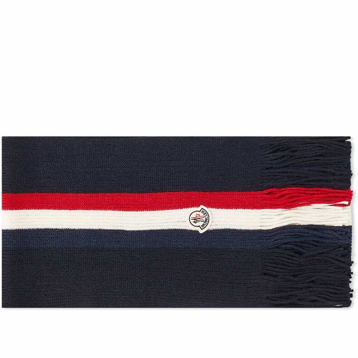 Photo: Moncler Men's Tricolore Striped Logo Scarf in Navy