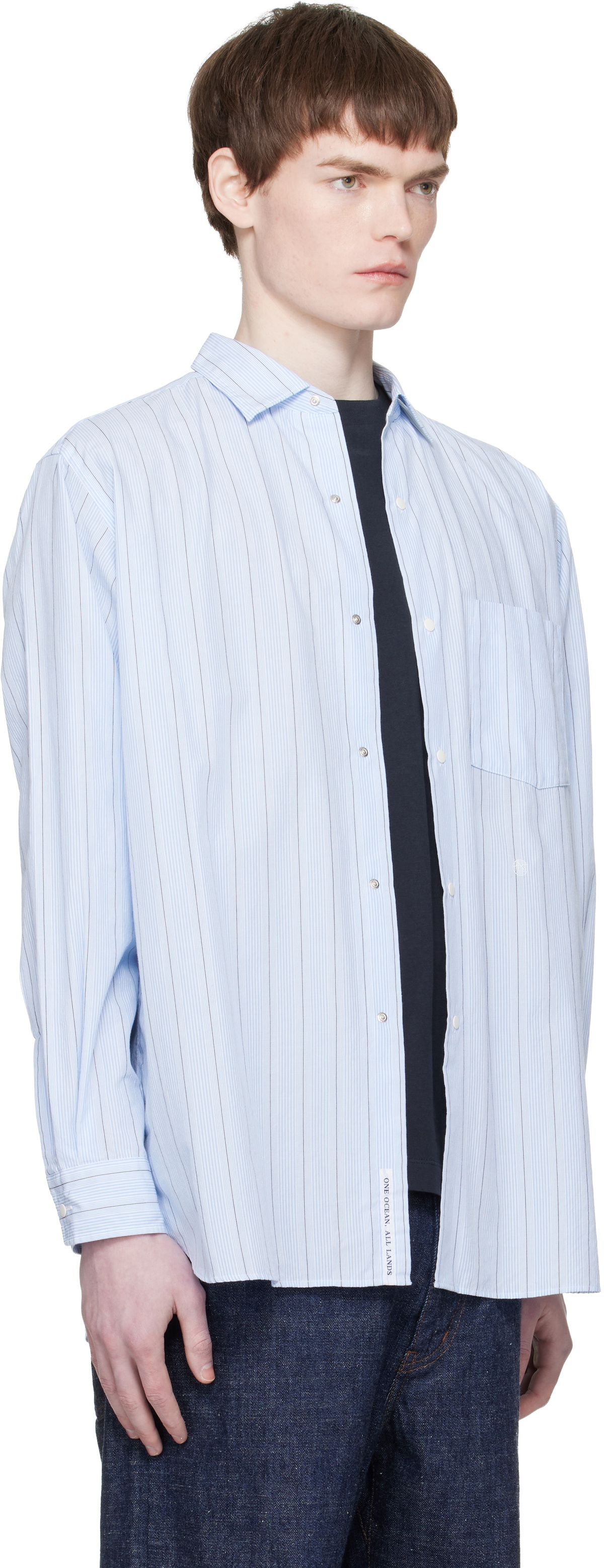 nanamica Blue Regular Collar Stripe Wind Shirt