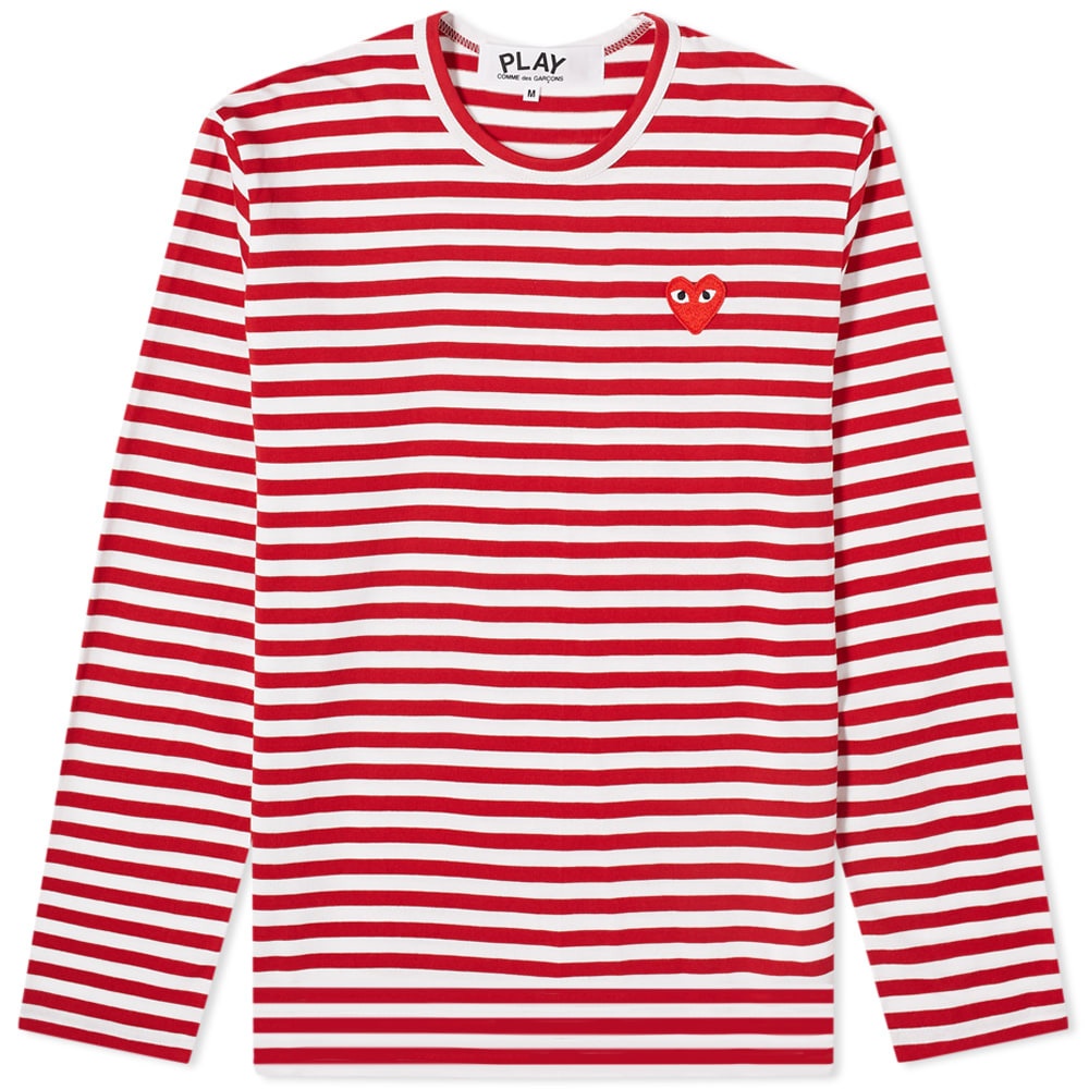 Photo: Comme des Garçons Play Men's Long Sleeve Heart Stripe Logo T-Shirt in Red/White
