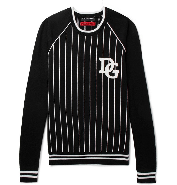 Photo: Dolce & Gabbana - Appliquéd Striped Cotton-Blend Sweater - Black