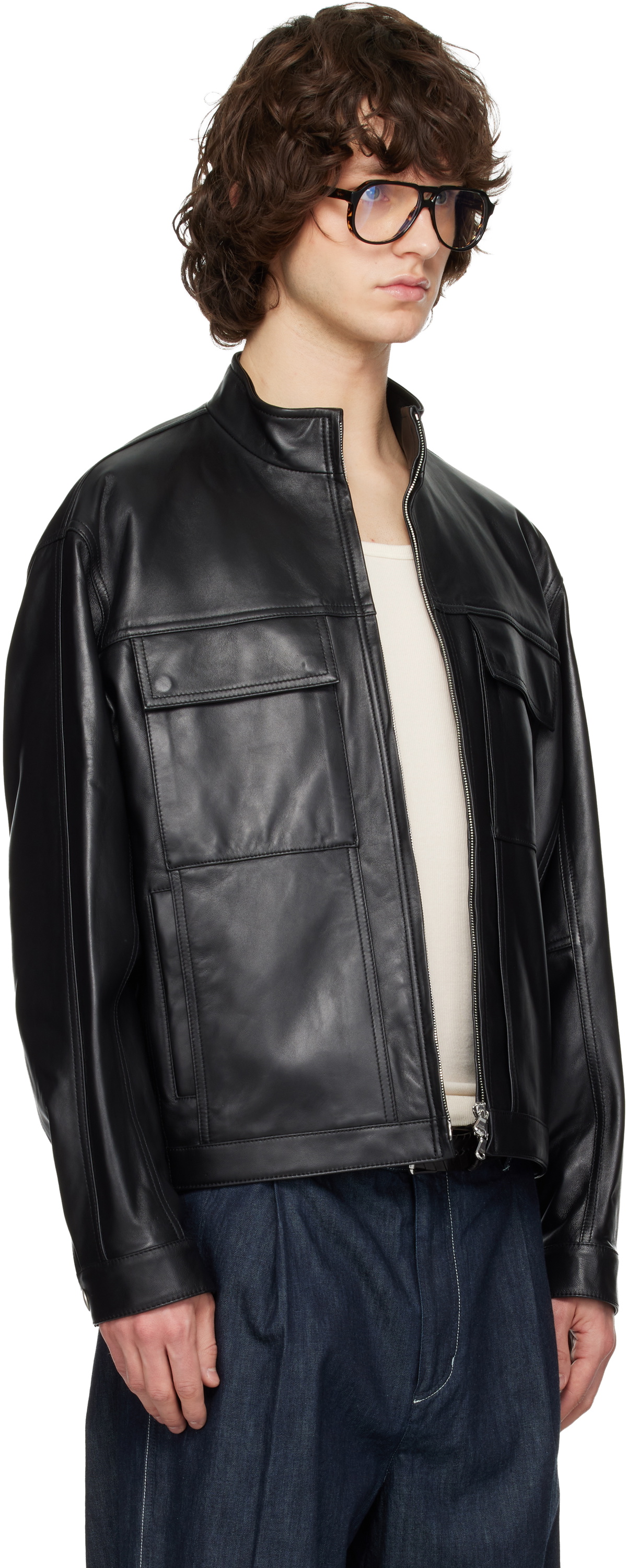 Solid Homme Black High-Neck Two-Pocket Leather Jacket