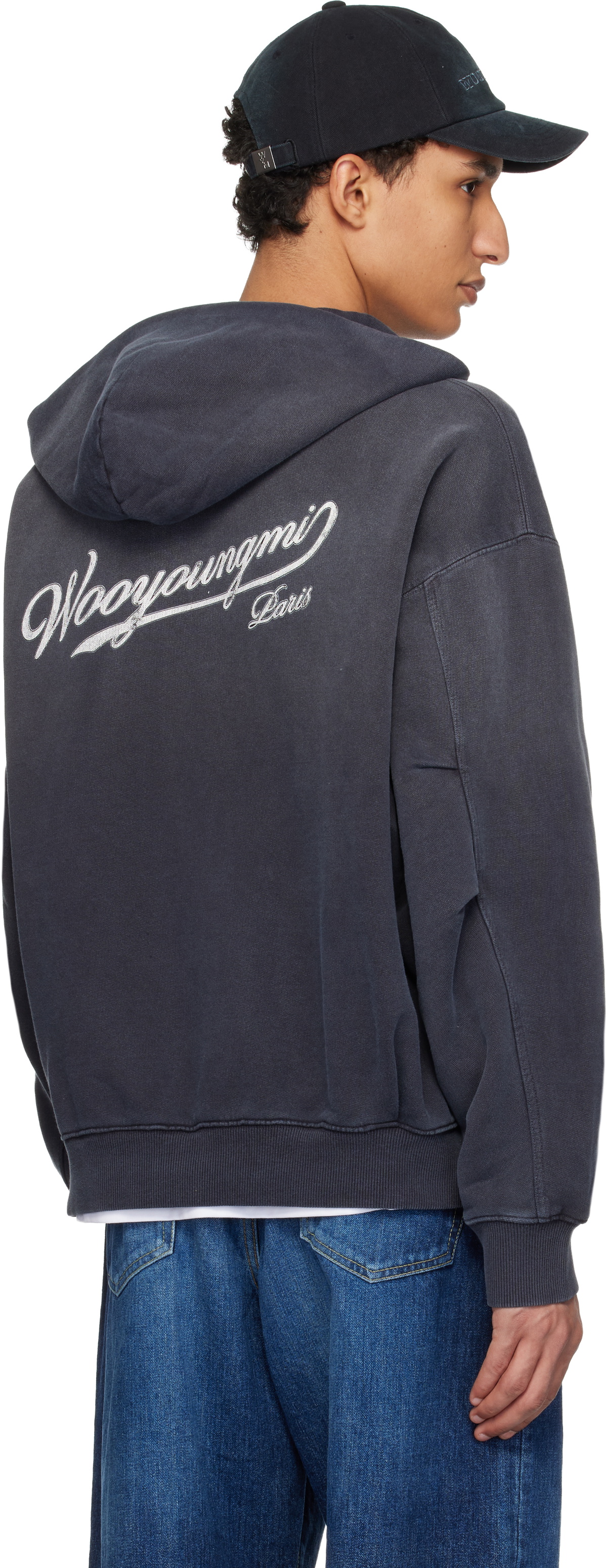 WOOYOUNGMI Navy Lettering Back Logo Zip-Up Hoodie