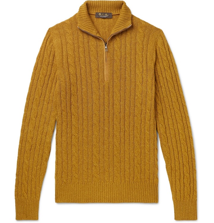 Photo: Loro Piana - Suede-Trimmed Cable-Knit Baby Cashmere Zip-Up Sweater - Yellow