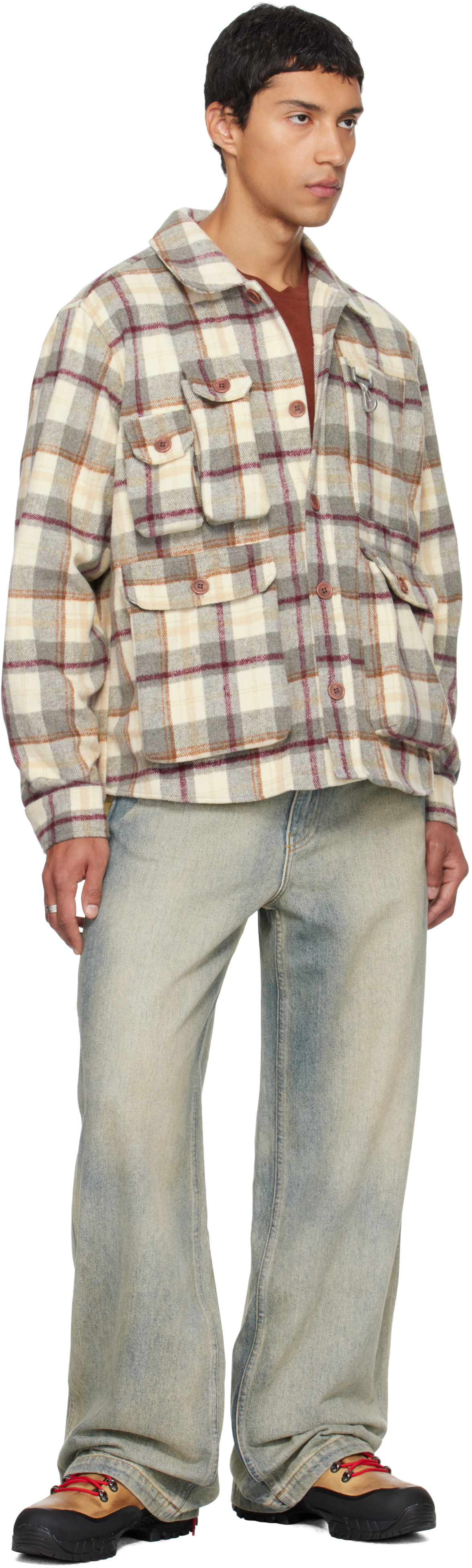 Reese Cooper Gray & Beige Milled Flannel Cargo Button Down Shirt