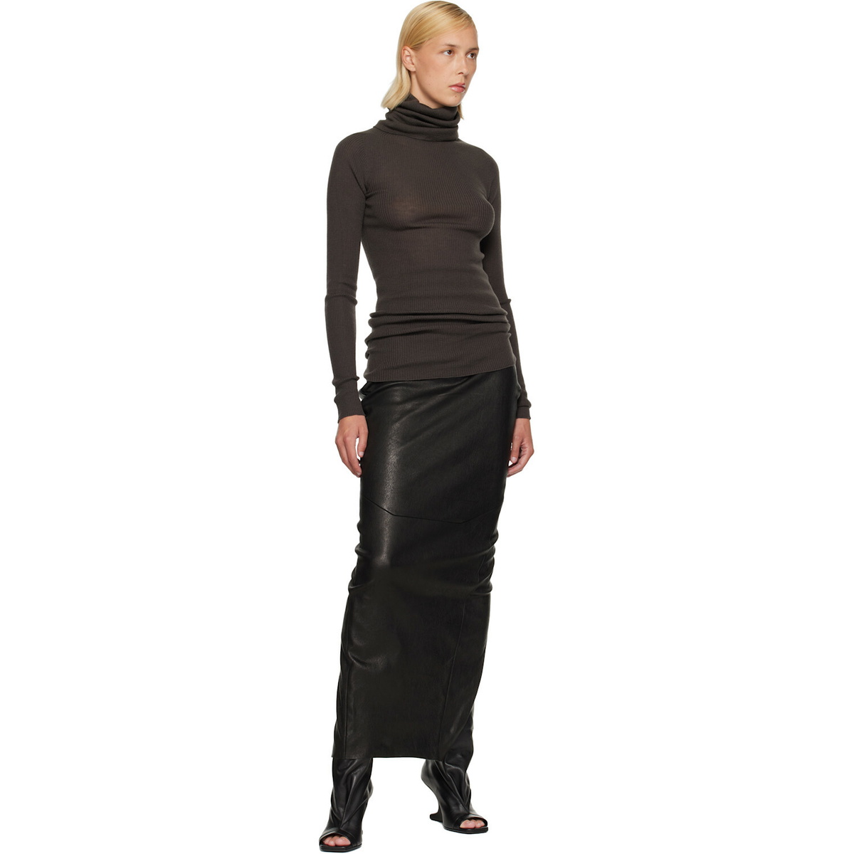 Rick Owens Black Tower Dirt Pillar Leather Maxi Skirt