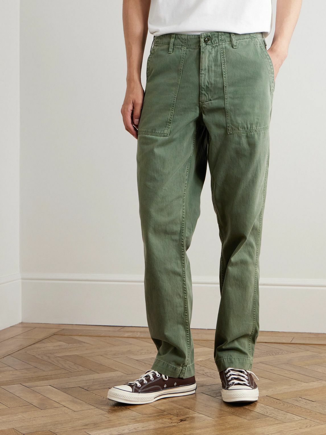 Hartford - Fatigue Straight-Leg Garment-Dyed Herringbone Cotton-Gabardine Trousers - Green